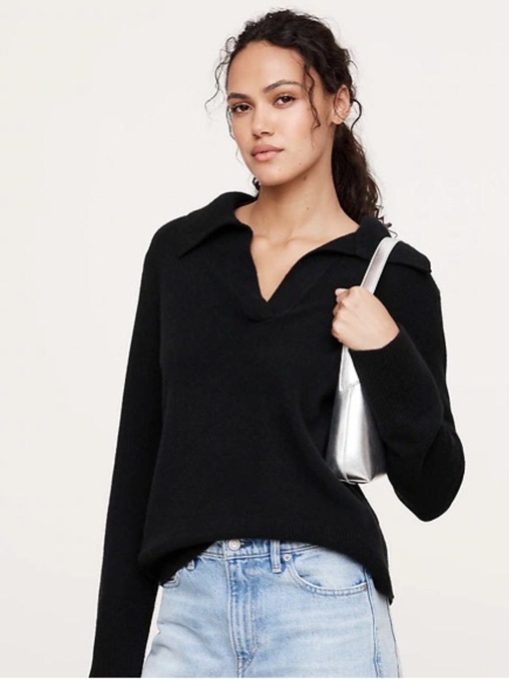 Banana Republic Black Cashmere Rugby Sweater Polo Women’s L capsule wardrobe
